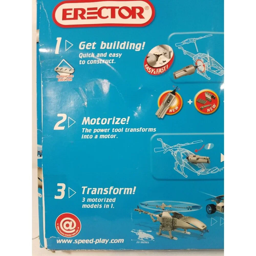Erector Speed Play Motorized Helicopter 280 Pieces 3 Models Set 7901 OPEN BOX